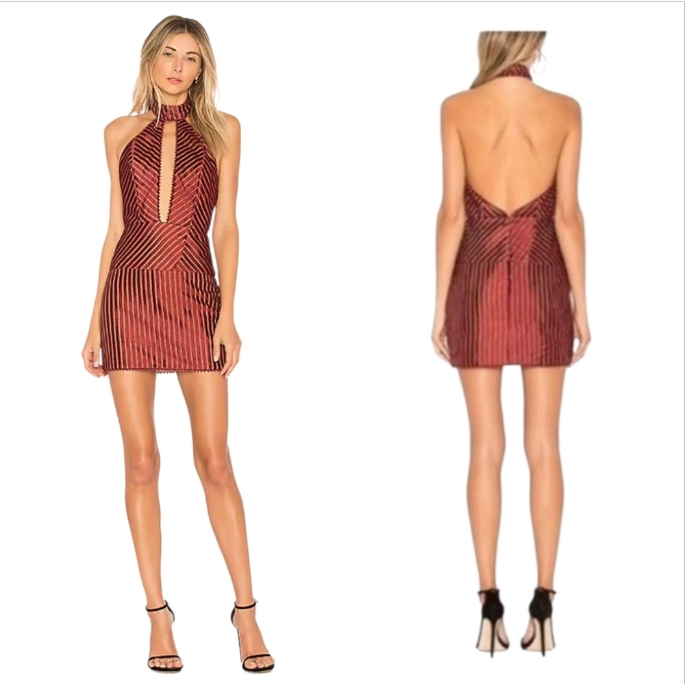 NBD x Revolve Ozzie Dress Burgundy Beaded Halter Plunge Mini M